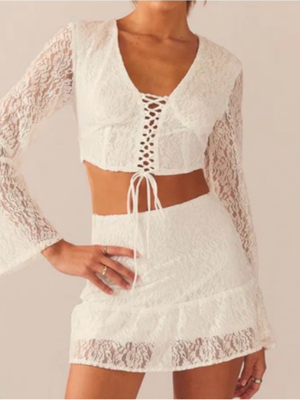 Peppermayo White Lace Two-Piece Crop Top & Mini Skirt Set